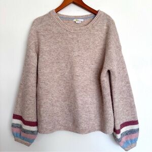 Boden Beige Wool Blend Sweater with Puffed Striped Sleeves Size 8